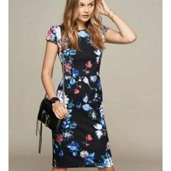 BETSEY JOHNSON | Floral Print Knit Stretch Midi Cap Sleeve Sheath Dress Sz. 6 - Picture 2 of 5